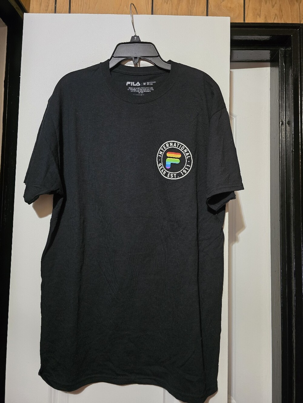 Fila Black Short Sleeve Tee with Multicolor Round Logo - Size Medium